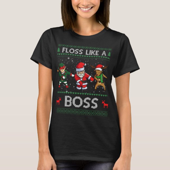 Camiseta Papais noeis Rudolph Elf Floss como um chefe de na (Frente)
