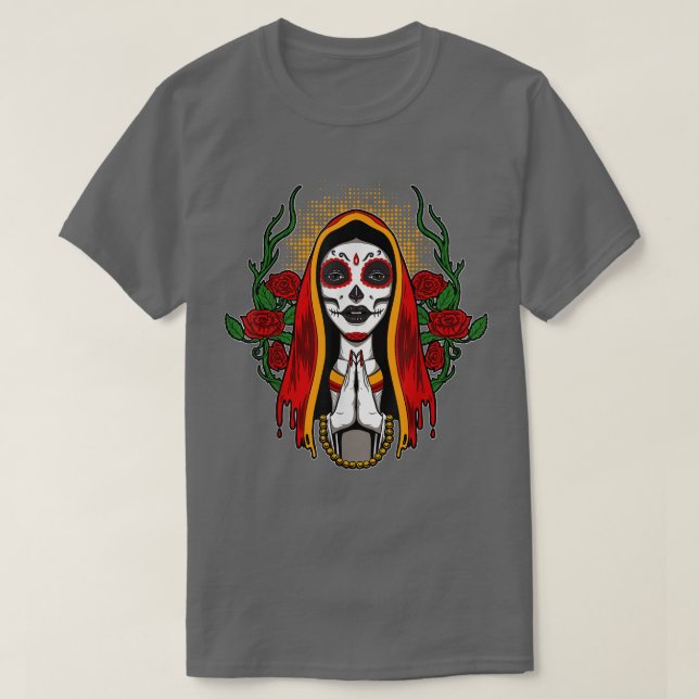 Camiseta Papais noeis Sagrados Menina de Culto Muerte com F (Frente do Design)