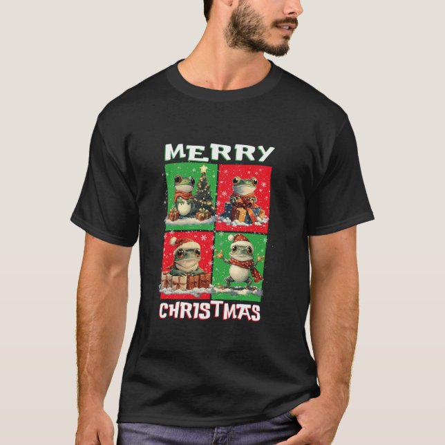 Camiseta Papais noeis-Sapos giros sobem árvore de Natal fel (Frente)