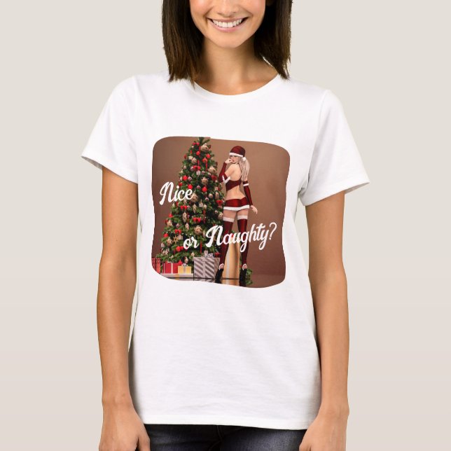 Camiseta Papais noeis Sexy Menina perto da Árvore de Natal (Frente)