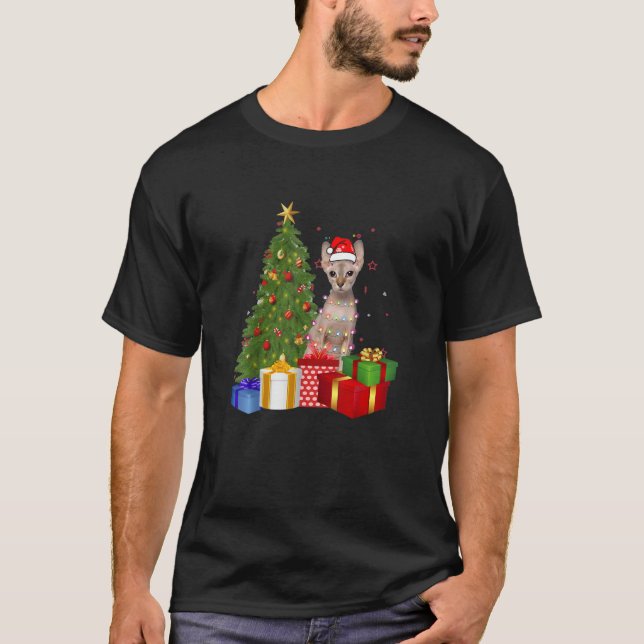 Camiseta Papais noeis Sphynx Cat Árvore de Natal Light Xmas (Frente)