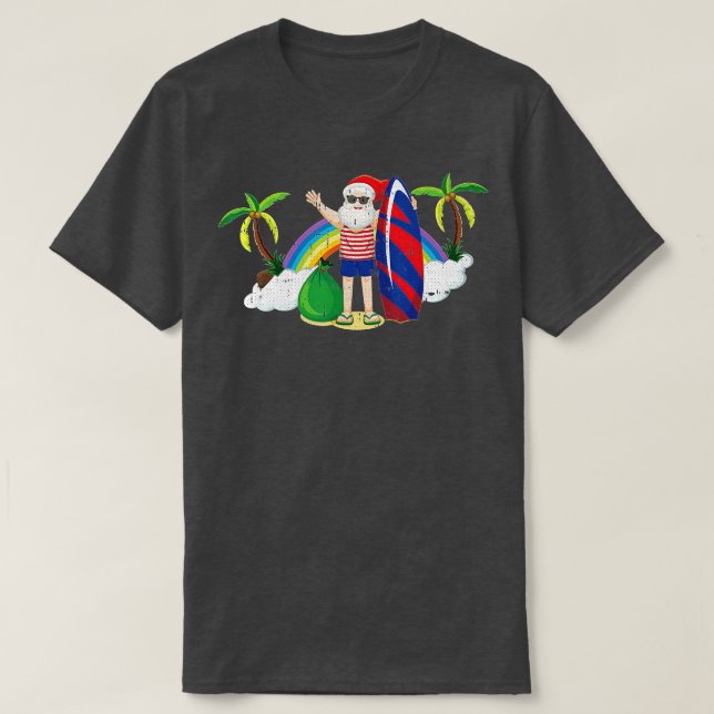 Camiseta Papais noeis Surfando Natal Em Julho Tropical Esta (Frente do Design)