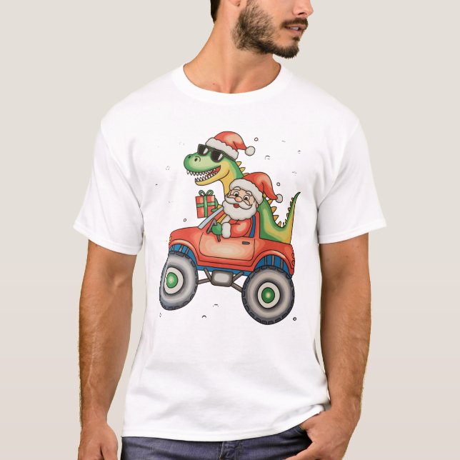 Camiseta Papais noeis T Rex Dinossaur Monster Truck Natal (Frente)