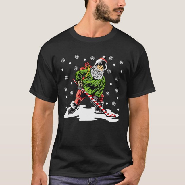 Camiseta Papais noeis Tocando O Pjama De Natal De Hóquei No (Frente)