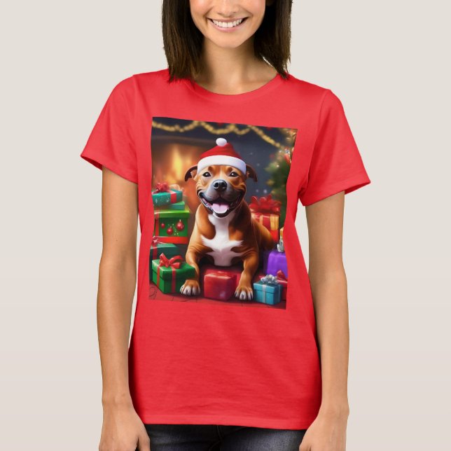 Camiseta "Papais noeis: Uma Surpresa Festiva de Staffy" (Frente)
