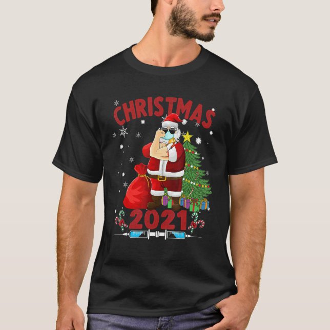 Camiseta Papais noeis Vacinados Vestindo Máscara Natal (Frente)