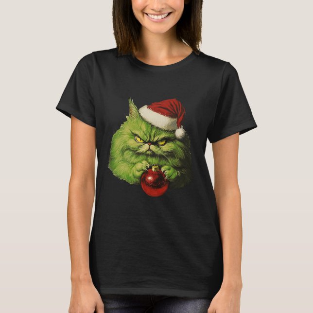 Camiseta Papais noeis Verdes Grumpy Cat Retro Cat Feriado d (Frente)