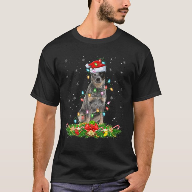 Camiseta Papais noeis Xmas de Iluminação Azul Cão de Cachor (Frente)