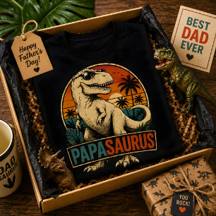 Camiseta Papasaurus T-Rex Dinossauro Retro Pôr do Sol Vinta