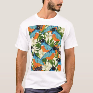 Camiseta Papaya tropical e padrão de pássaros.