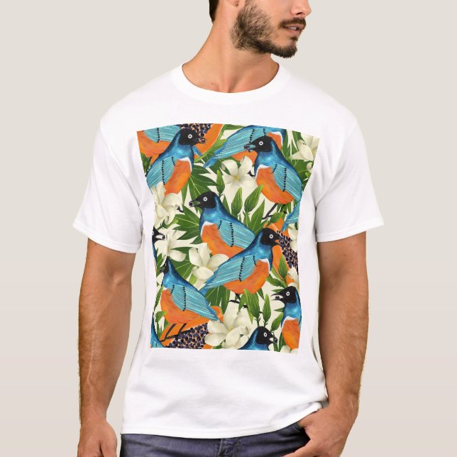 Camiseta Papaya tropical e padrão de pássaros. (Frente)