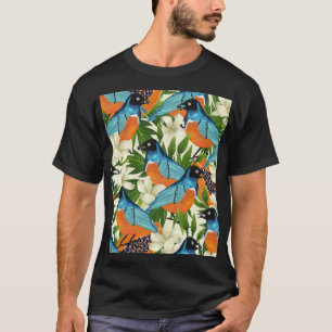 Camiseta Papaya tropical e padrão de pássaros.
