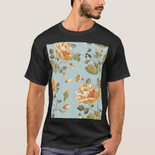 Camiseta Papel de Fundo Azul Rosas Amarelas