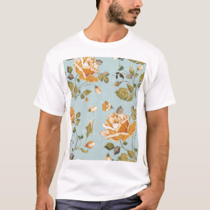 Camiseta Papel de Fundo Azul Rosas Amarelas