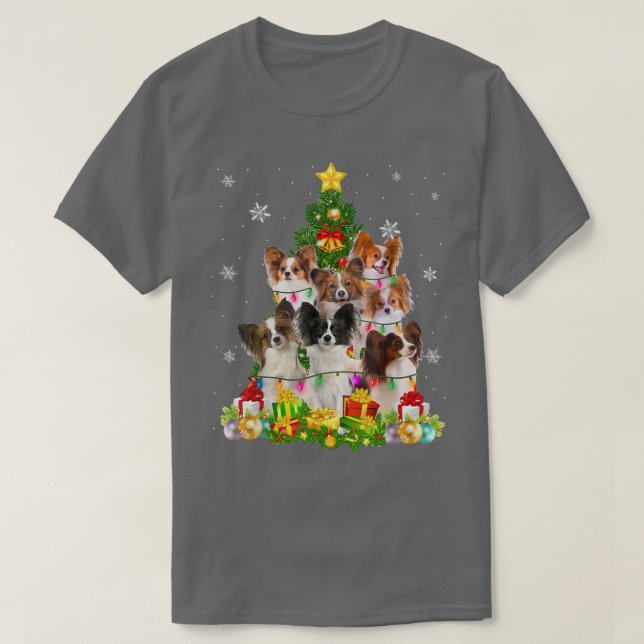 Camiseta Papillon Árvore de Natal Luz Engraçada Cachorro (Frente do Design)