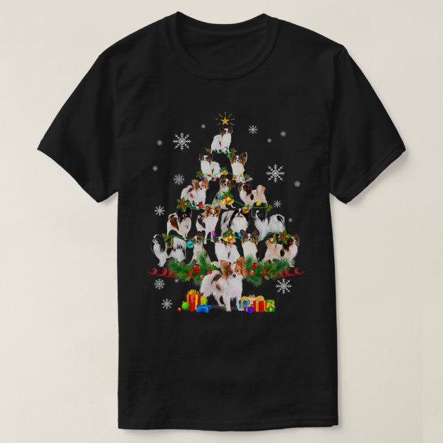 Camiseta Papillon Árvore de Natal Luz Engraçada Cachorro Pr (Frente do Design)