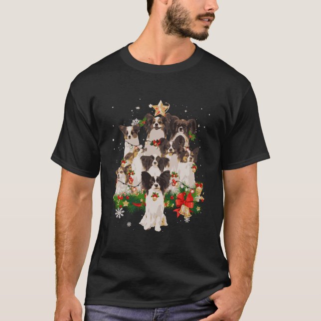 Camiseta Papillon Árvore de Natal Luz Engraçada Cachorro Pr (Frente)