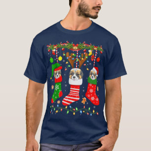 Camiseta Papillon Dog Em Meias De Natal Luz Xmas
