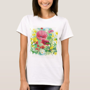 Camiseta Papoilas vermelhas aquáticas e flores amarelas