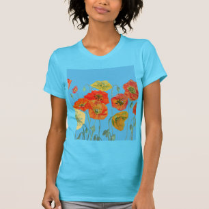 Camiseta Papoula Floral Laranja Vermelha Arte de Aquarela F