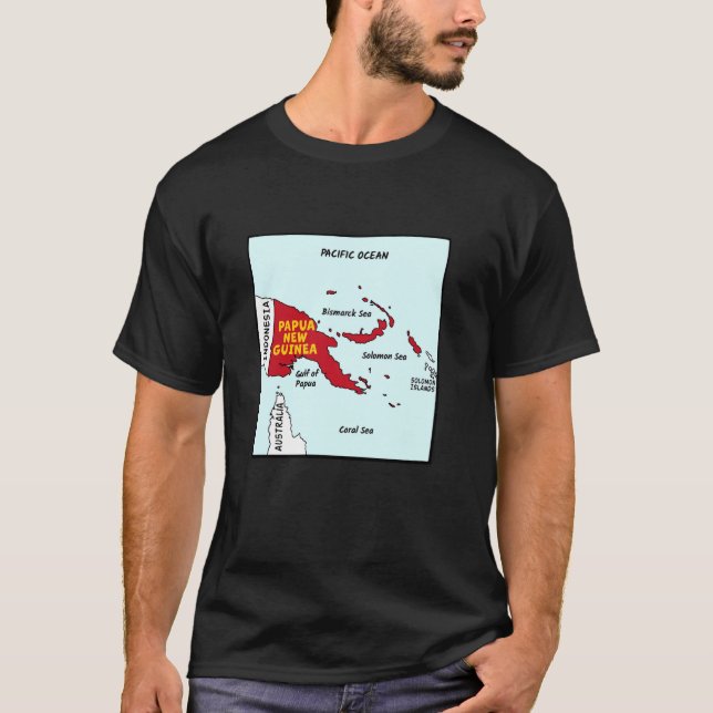 Camiseta Papua-Nova Guiné Mapa em cores de bandeira. Em red (Frente)