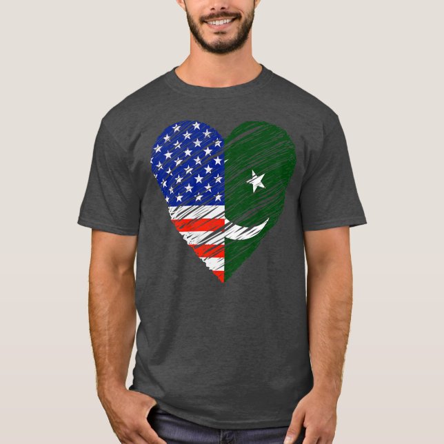 Camiseta Paquistão EUA Heart American Flag Pakistani Flag (Frente)