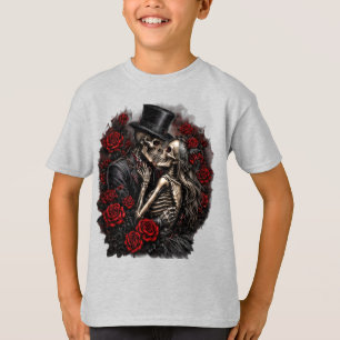 Camiseta Par de Esqueletos de Halloween com Rosas Góticas p