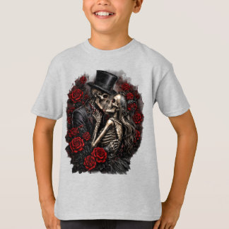 Camiseta Par de Esqueletos de Halloween com Rosas Góticas p