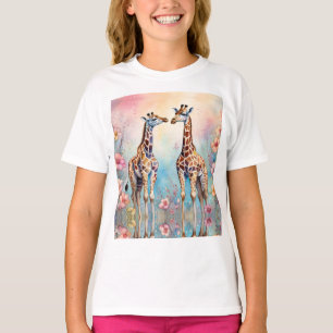 Camiseta Par de Girafas em Jardim Pastel