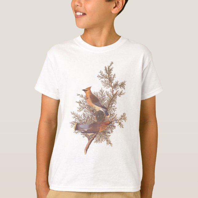Camiseta Par de pássaro Cedar Waxwing de Audubon na Árvore  (Frente)