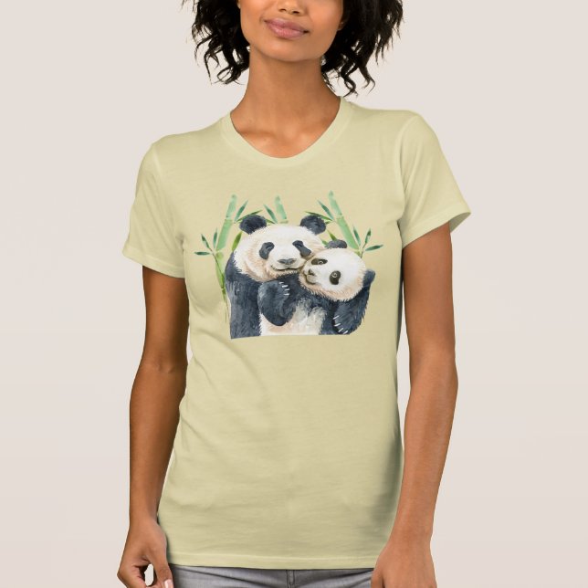 Camiseta Par Panda Bonito na Aquarela de Bambu (Frente)