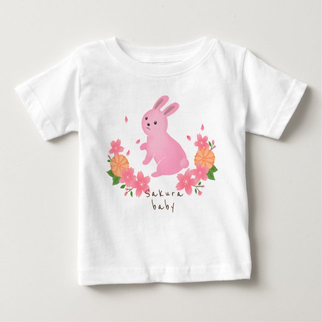 Camiseta Para Bebê 可愛い桜とピンクのうさぎ 日本 和風 cherry blossoms (Frente)