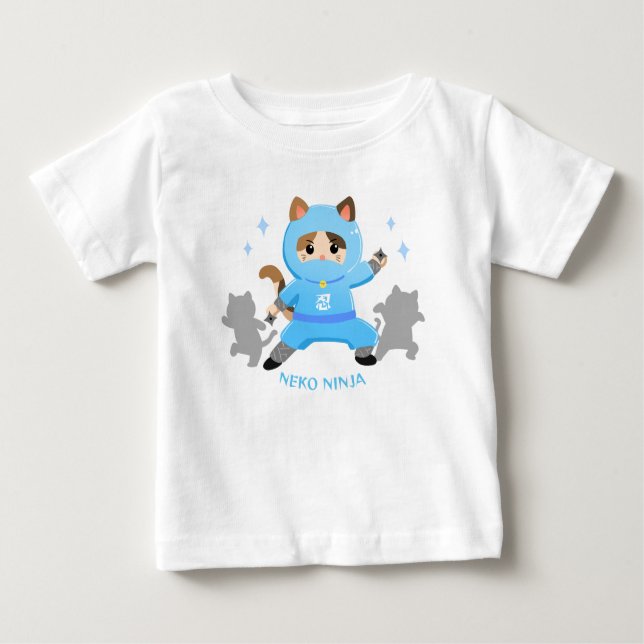 Camiseta Para Bebê 可愛い猫忍者 日本 ブルー ベビー Cat Ninja from Japan Blue Baby  (Frente)