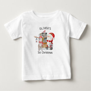 Camiseta Para Bebê 1º Natal do Bebê Papai Noel e Rena com Trenó