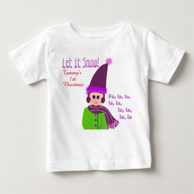 Camiseta Para Bebê 1º Natal Menina Chapéu Roxo Deixe Nevar (Frente)