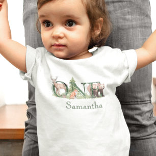 Camiseta Para Bebê 1º Primeiro Aniversário Nome Animais da Floresta