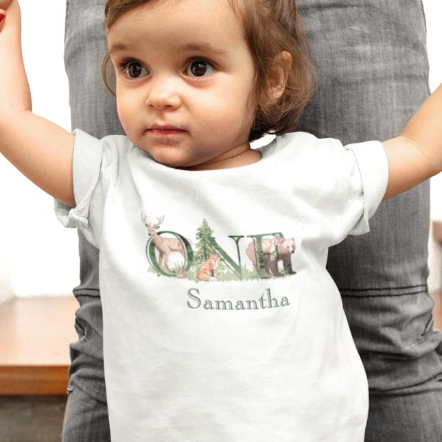 Camiseta Para Bebê 1º Primeiro Aniversário Nome Animais da Floresta (Criador carregado)