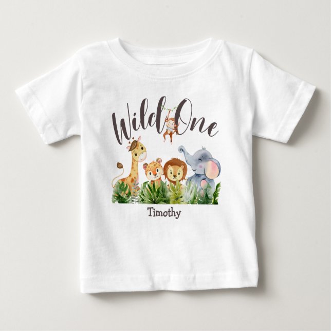 Camiseta Para Bebê 1 ano Selvagem Um primeiro aniversario (Frente)