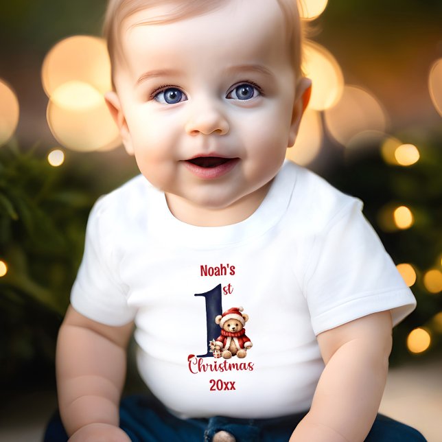 Camiseta Para Bebê 1rua De Natal, Belo Azul-Bebê (1st Christmas Cute Teddy Bear Baby Boy Red Blue Baby T-Shirt)