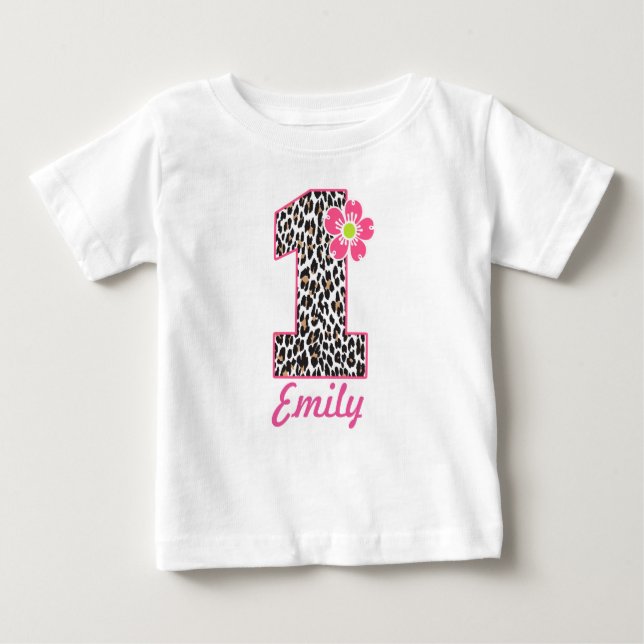 Camiseta Para Bebê 1st Birthday Girl Hot Pink & leopard print (Frente)