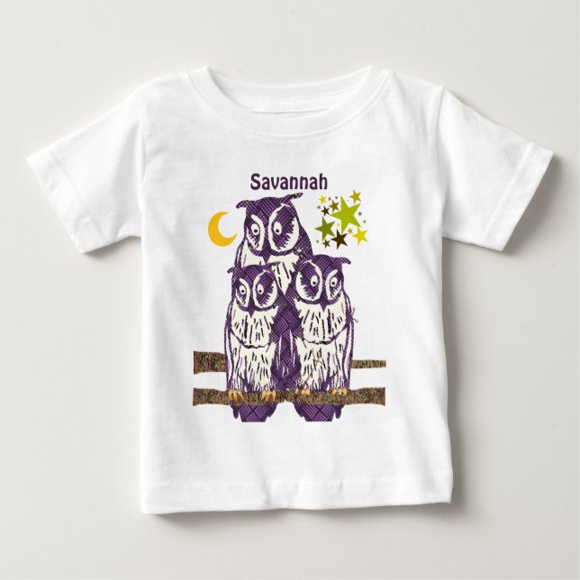 Camiseta Para Bebê 3 Corujas Roxas Lua e Estrelas Personalizadas (Frente)