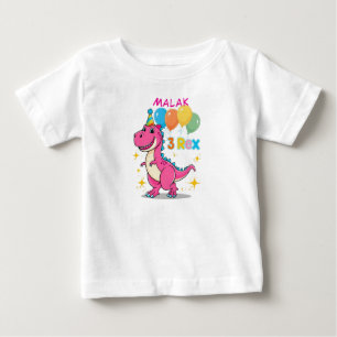 Camiseta Para Bebê 3 Rex Dinossaur Celebração de Aniversário Rosa