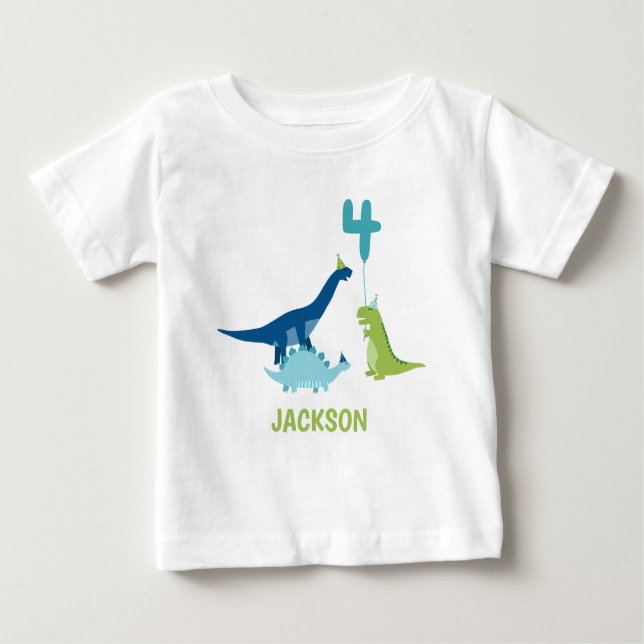 Camiseta Para Bebê 4ª Festa de Aniversário do Dinossaur (Frente)