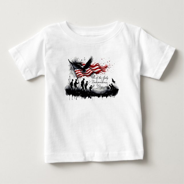 Camiseta Para Bebê 4 de julho Arte Patriótica com Bandeira e Soldados (Frente)