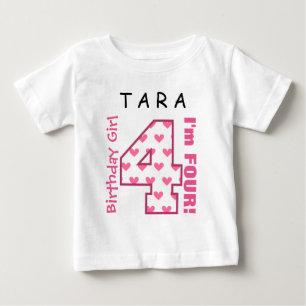 Camiseta Para Bebê 4o Corações V01L do rosa da menina do aniversár