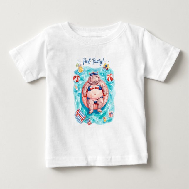 Camiseta Para Bebê 4th of July Pool Party with Hippo  (Frente)