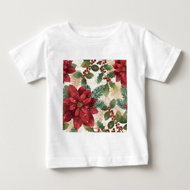 Camiseta Para Bebê 50 Retro Poinsettia Red Green Creme (Frente)