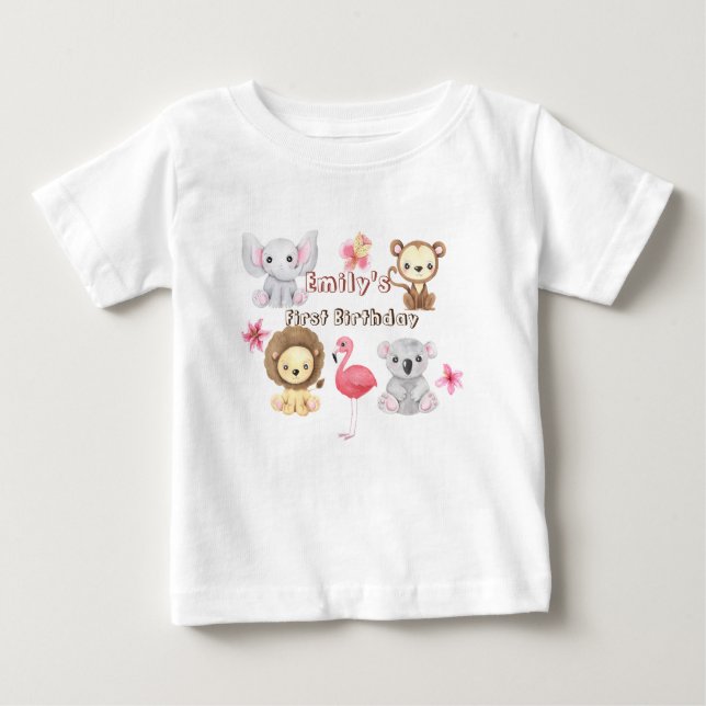 Camiseta Para Bebê A Selva Tropical Safari Primeiro Aniversário (Frente)