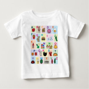 Camiseta Para Bebê ABC Alfabeto aprendendo cartas comidas felizes apr