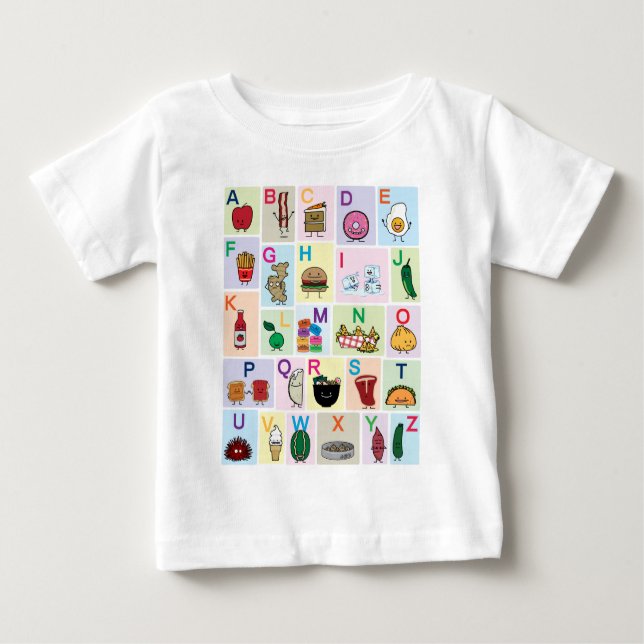 Camiseta Para Bebê ABC Alfabeto aprendendo cartas comidas felizes apr (Frente)
